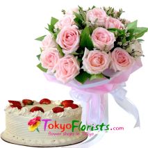 send 12 pink roses bouquet with gateau fraise cake to tokyo