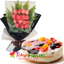 send one dozen pink roses with berries torte cake to tokyo