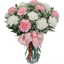 send 12 pink and white carnation vase to japan