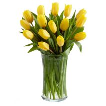 send 12 bright yellow tulips in vase to tokyo