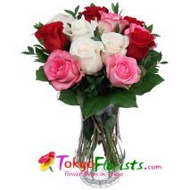 send red, pink and white roses in a vase to tokyo