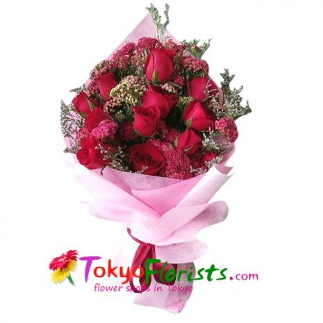 send 12 red roses in pink bouquet to tokyo