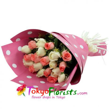 send 12 white and pink roses in bouquet to tokyo